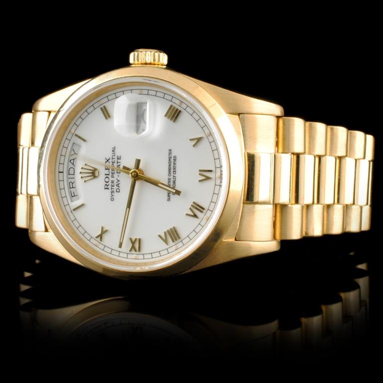 Rolex Day-Date 18K Gold White Roman 36MM Watch