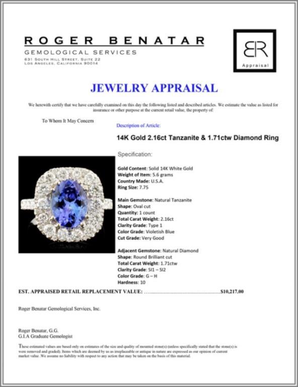 14K Gold 2.16ct Tanzanite & 1.71ctw Diamond Ring