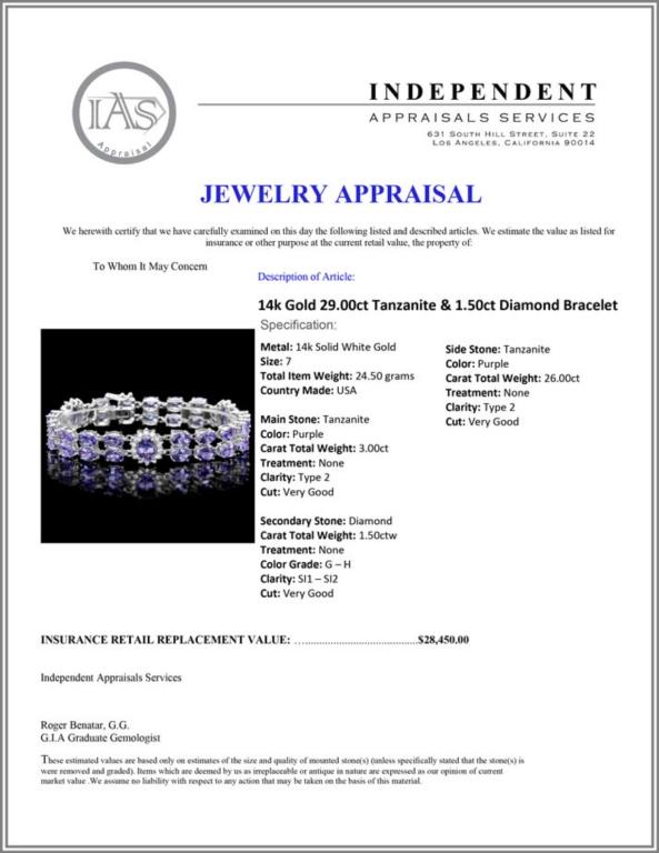 14k Gold 29.00ct Tanzanite & 1.50ct Diamond Brace