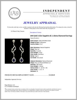 14K Gold 2.52ct Sapphire & 1.10ctw Diamond Earring