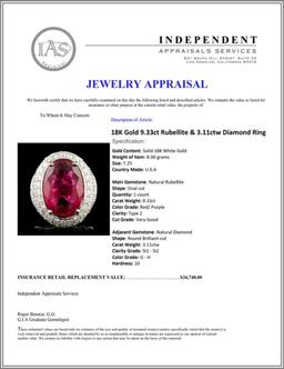 18K Gold 9.33ct Rubellite & 3.11ctw Diamond Ring