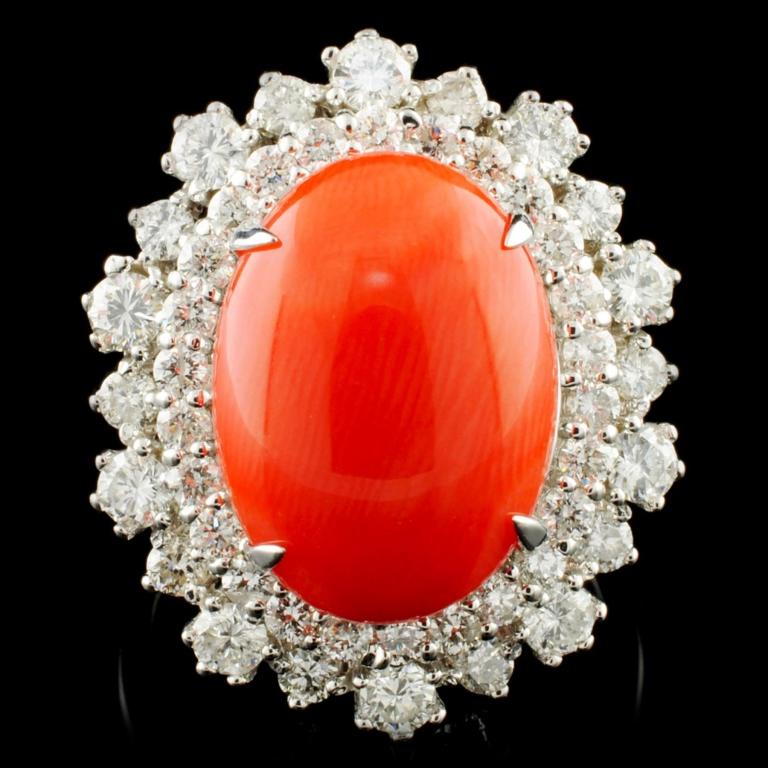 14K Gold 5.47ct Coral & 1.82ctw Diamond Ring