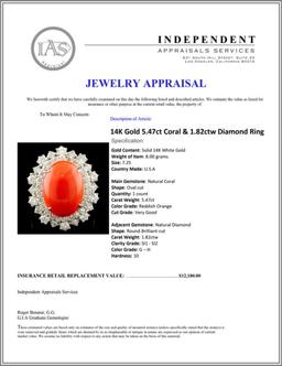 14K Gold 5.47ct Coral & 1.82ctw Diamond Ring