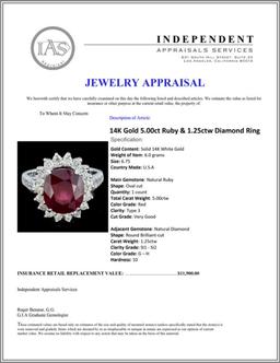14K Gold 5.00ct Ruby & 1.25ctw Diamond Ring