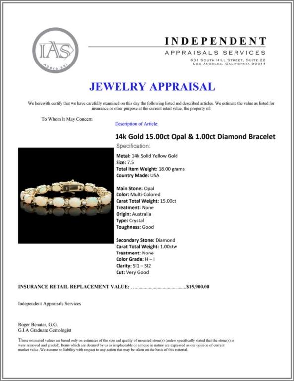 14k Gold 15.00ct Opal & 1.00ct Diamond Bracelet