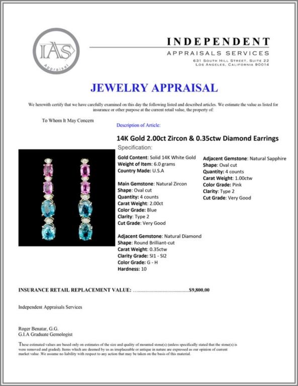 14K Gold 2.00ct Zircon & 0.35ctw Diamond Earrings
