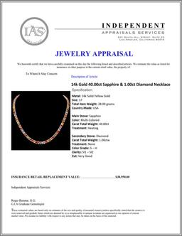 14k Gold 40.00ct Sapphire & 1.00ct Diamond Neckla