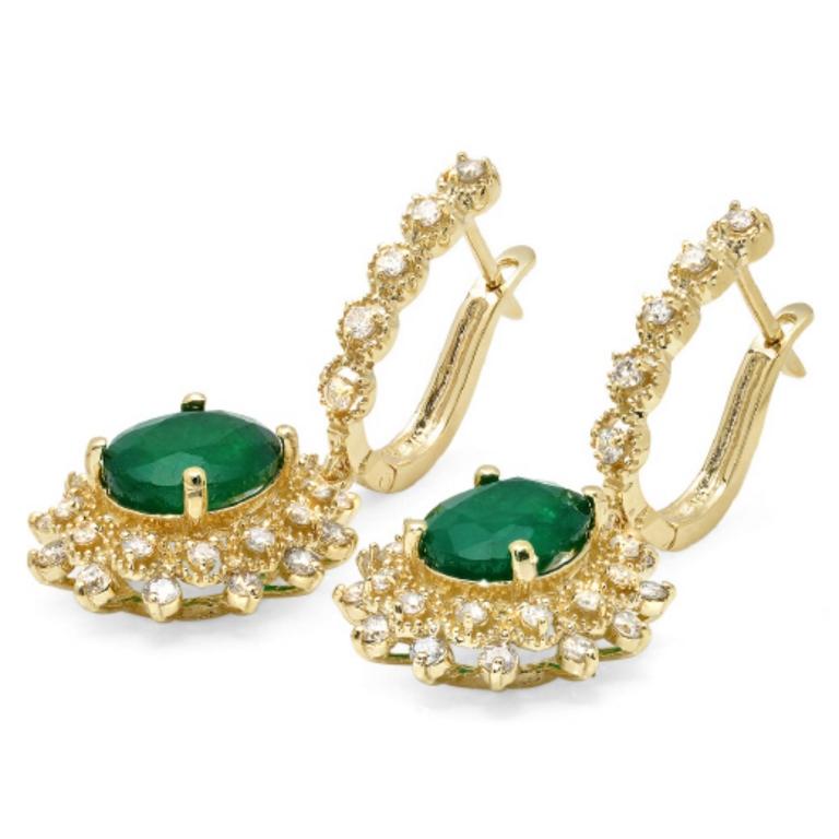 14K Gold 5.00ct Emerald & 1.25ct Diamond Earrings