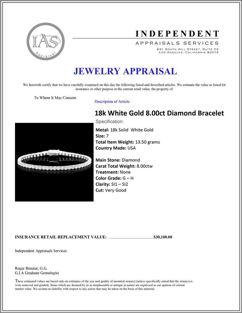 18k White Gold 8.00ct Diamond Bracelet