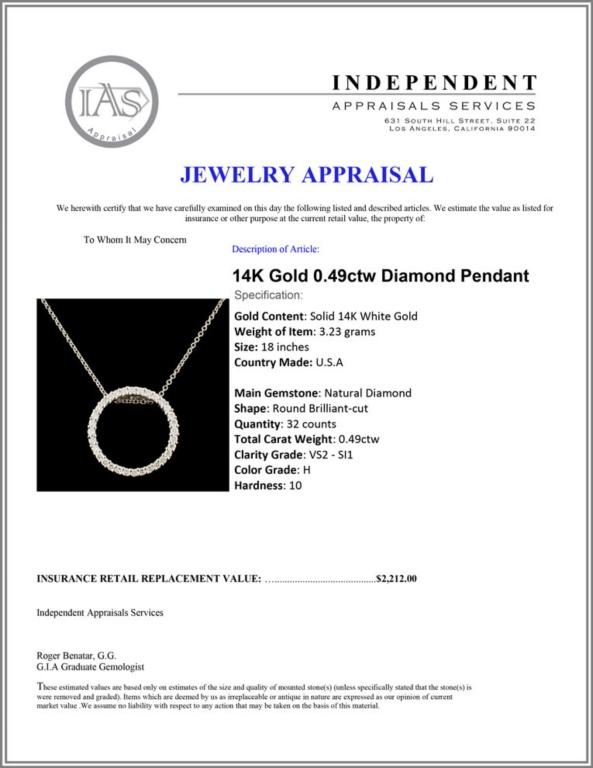 14K Gold 0.49ctw Diamond Pendant