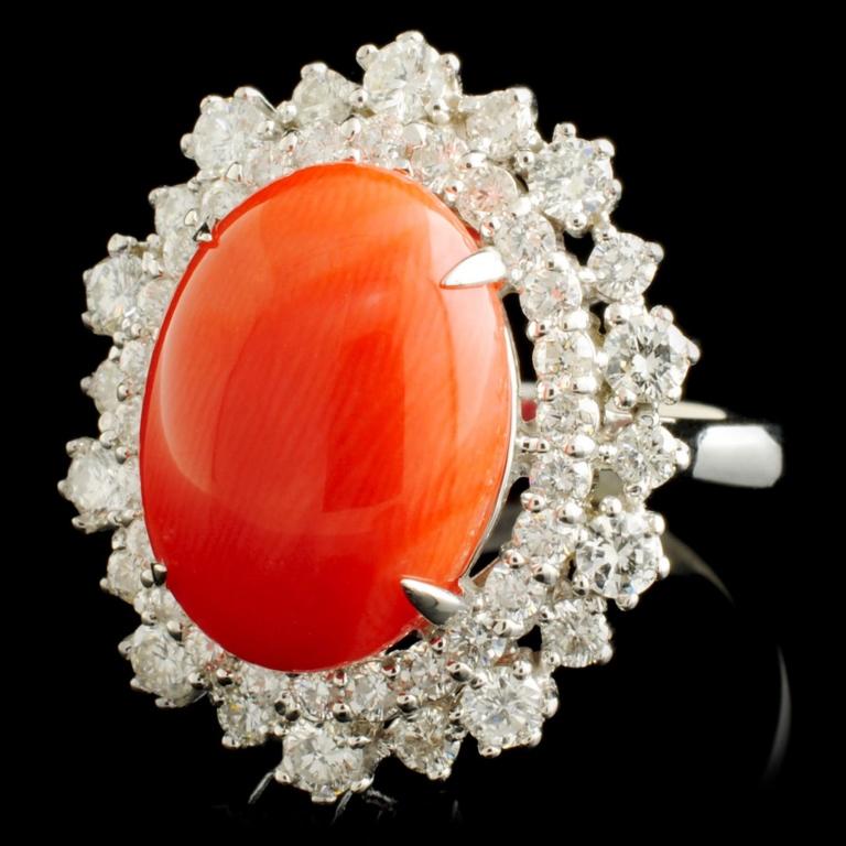 14K Gold 5.47ct Coral & 1.82ctw Diamond Ring