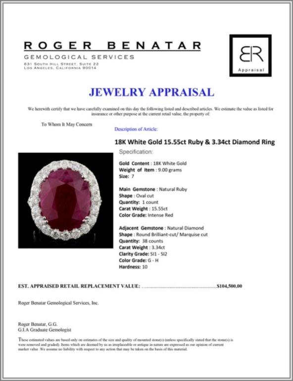 18K White Gold 15.55ct Ruby & 3.34ct Diamond Ring