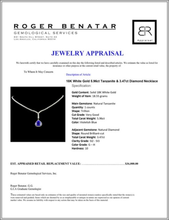 18K White Gold 5.96ct Tanzanite & 3.47ct Diamond N