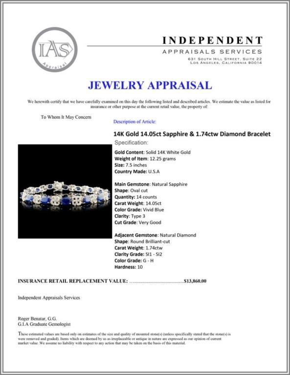14K Gold 14.05ct Sapphire & 1.74ctw Diamond Bracel