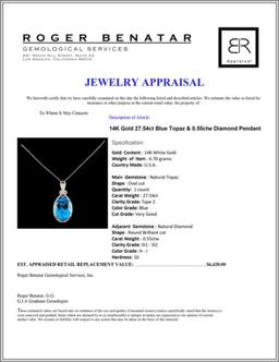 14K Gold 27.54ct Blue Topaz & 0.55ctw Diamond Pend