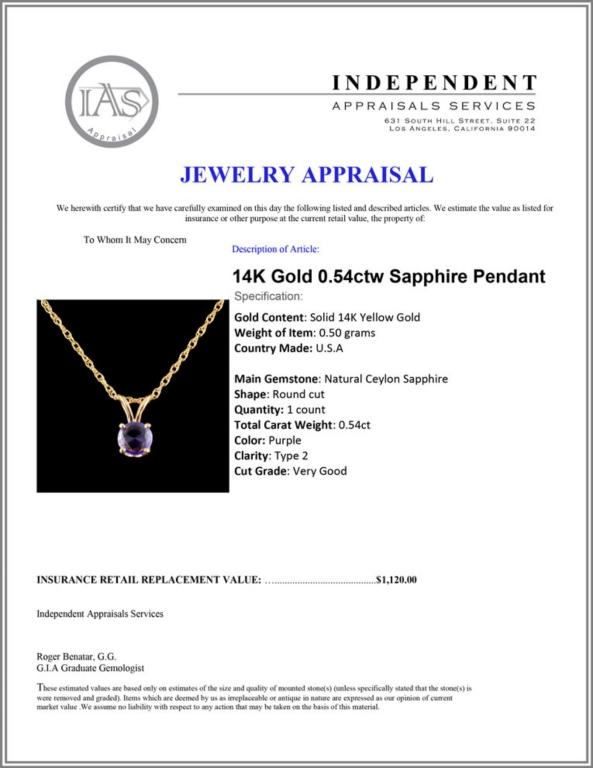 14K Gold 0.54ctw Sapphire Pendant