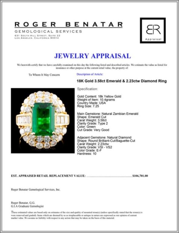 18K Gold 3.58ct Emerald & 2.23ctw Diamond Ring