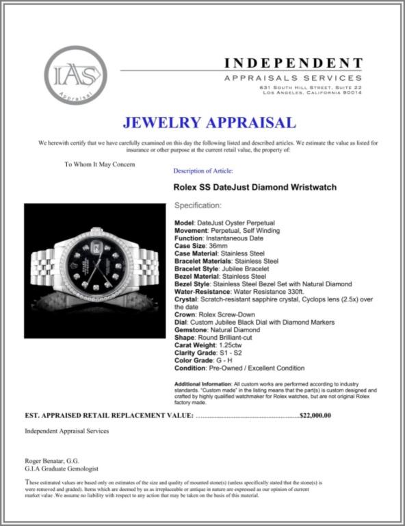 Rolex SS DateJust Diamond 36MM Wristwatch