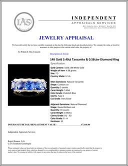 14K Gold 5.40ct Tanzanite & 0.58ctw Diamond Ring