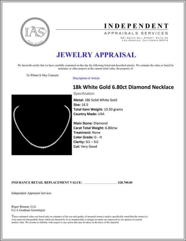 18k White Gold 6.80ct Diamond Necklace