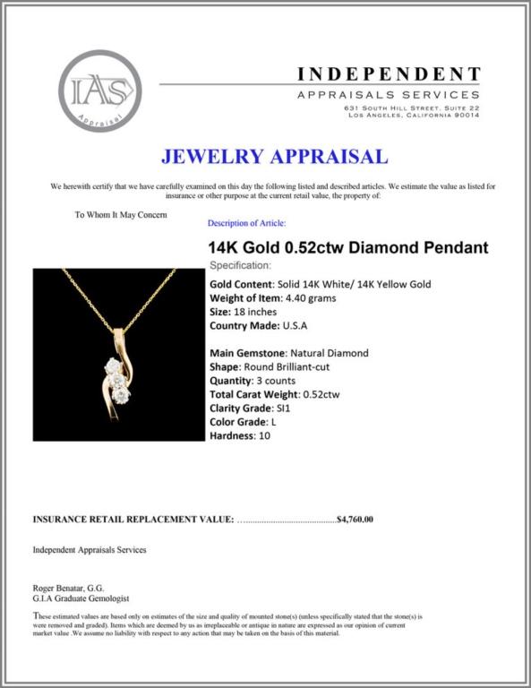 14K Gold 0.52ctw Diamond Pendant