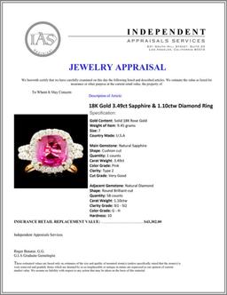 18K Gold 3.49ct Sapphire & 1.10ctw Diamond Ring