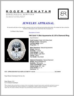 14K Gold 11.59ct Aquamarine & 2.87ct Diamond Ring