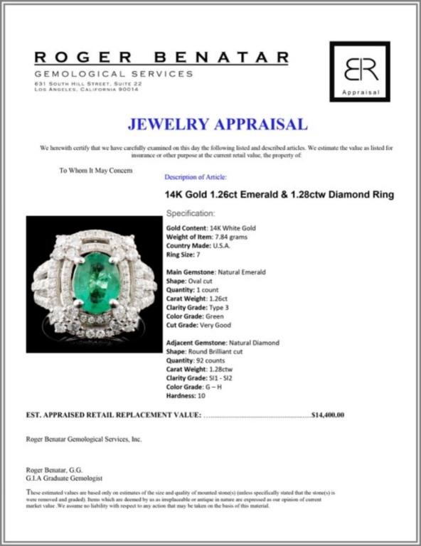 14K Gold 1.26ct Emerald & 1.28ctw Diamond Ring