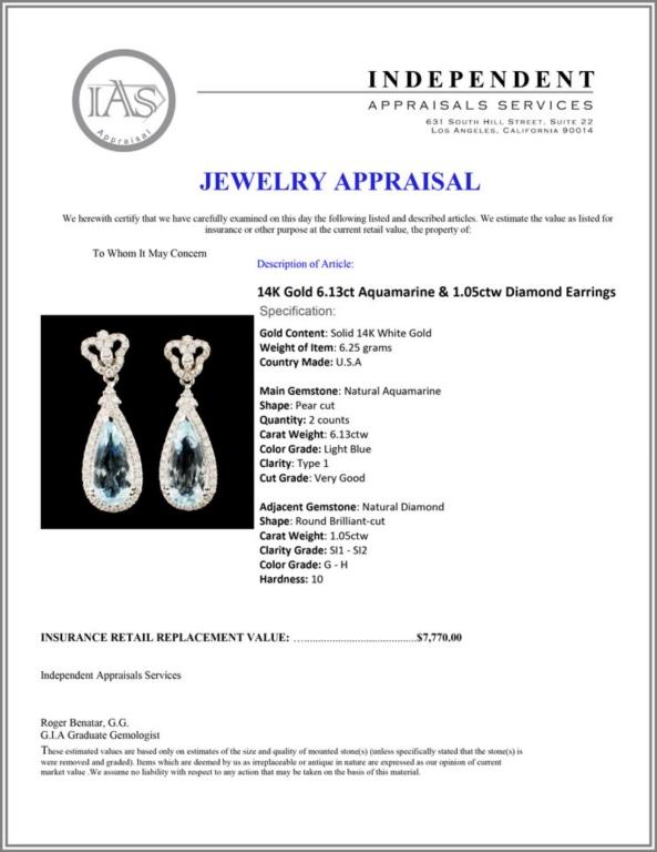 14K Gold 6.13ct Aquamarine & 1.05ctw Diamond Earri