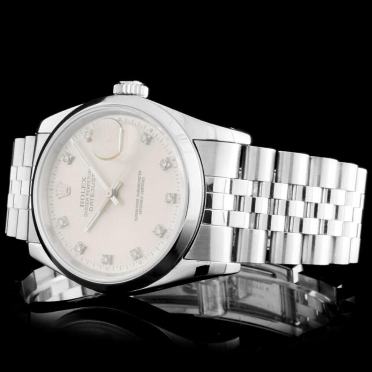 Rolex SS DateJust 36mm Silver Diamond Wristwatch