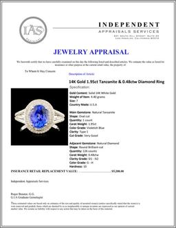 14K Gold 1.95ct Tanzanite & 0.48ctw Diamond Ring