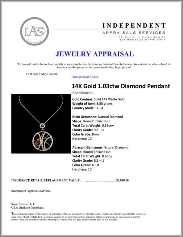 14K Gold 1.03ctw Diamond Pendant