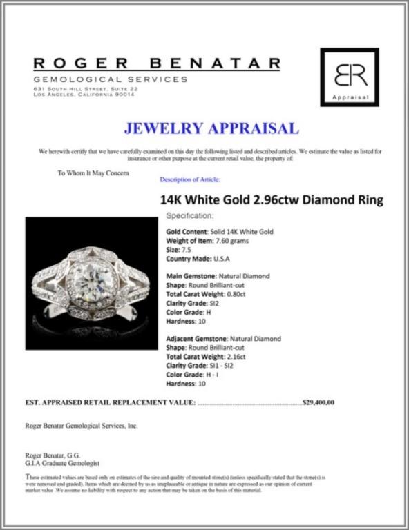 14K White Gold 2.96ctw Diamond Ring