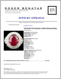14K Gold 5.57ct Ruby & 1.49ctw Diamond Ring