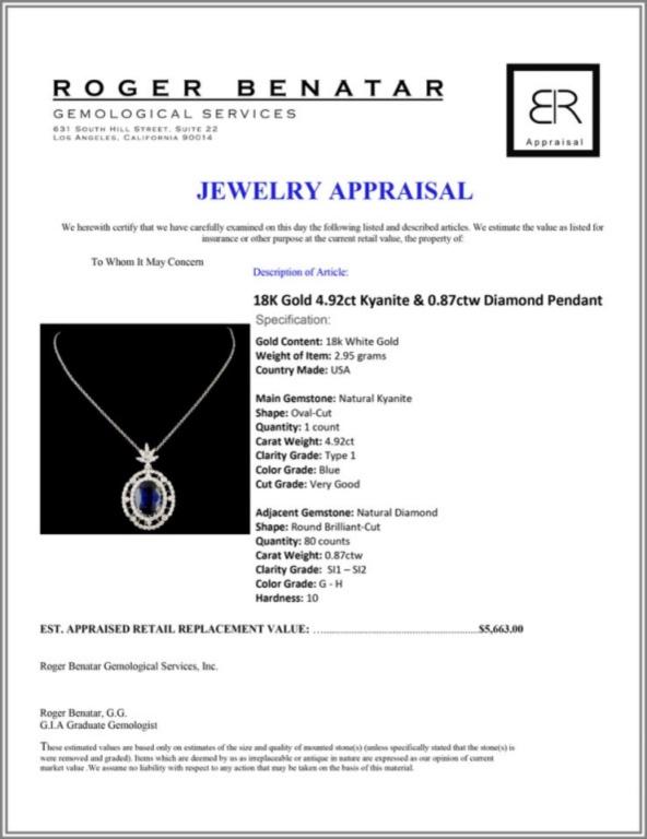 18K Gold 4.92ct Kyanite & 0.87ctw Diamond Pendant