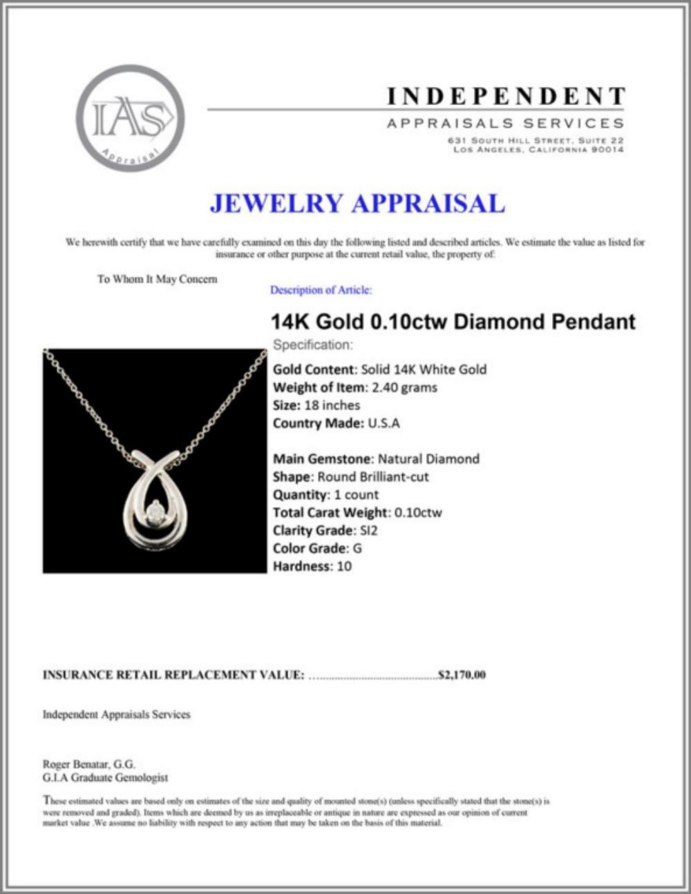 14K Gold 0.10ctw Diamond Pendant