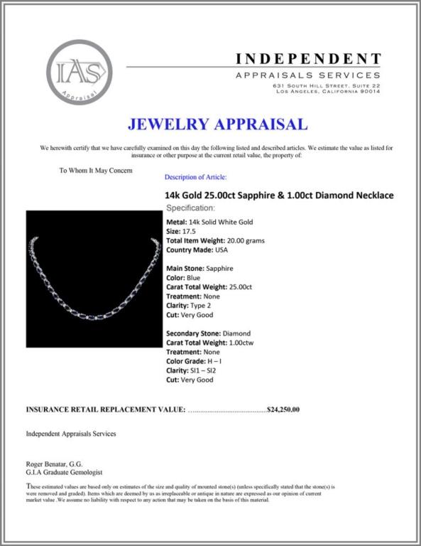14k Gold 25.00ct Sapphire & 1.00ct Diamond Neckla
