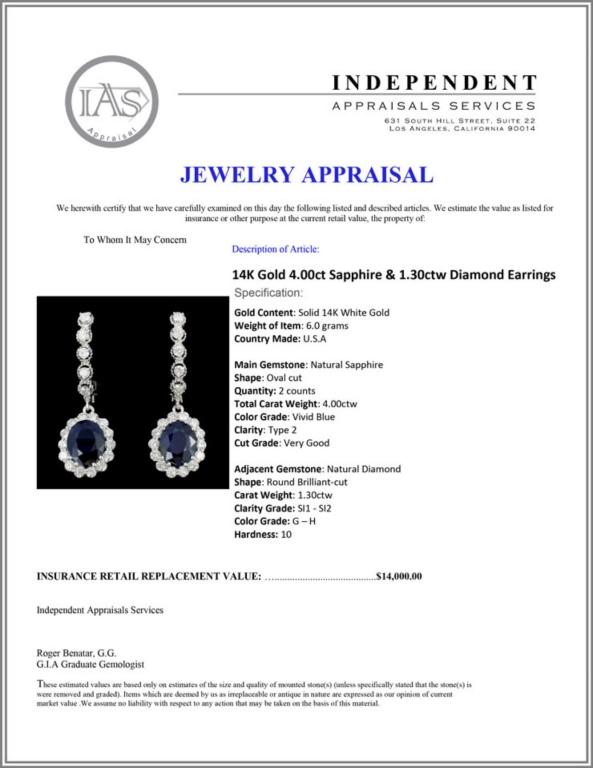 14K Gold 4.00ct Sapphire & 1.30ctw Diamond Earring