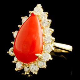 14K Gold 5.96ct Coral & 1.84ctw Diamond Ring