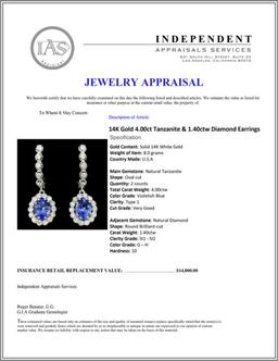 14K Gold 4.00ct Tanzanite & 1.40ctw Diamond Earrin