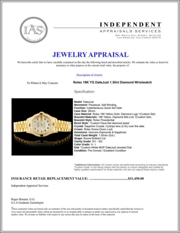 Rolex DateJust 18K YG 1.50ct Diamond Ladies Watch