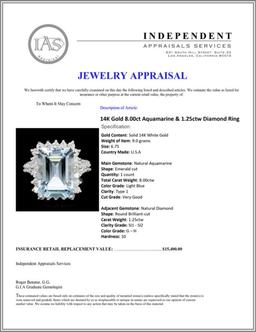 14K Gold 8.00ct Aquamarine & 1.25ctw Diamond Ring