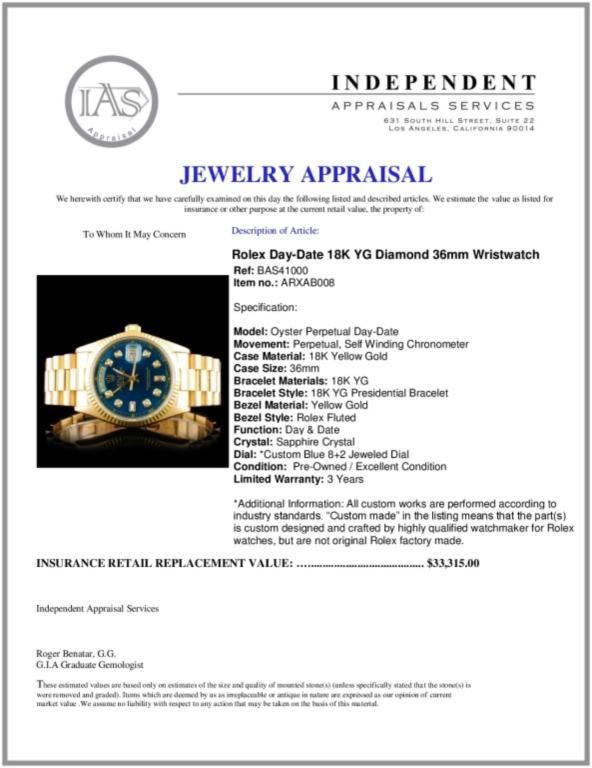 Rolex Day-Date 18K YG Diamond 36mm Wristwatch