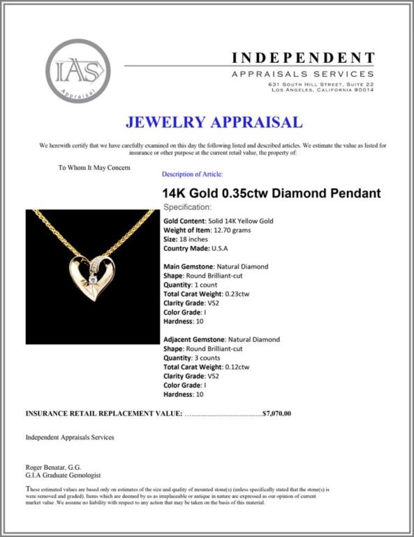 14K Gold 0.35ctw Diamond Pendant