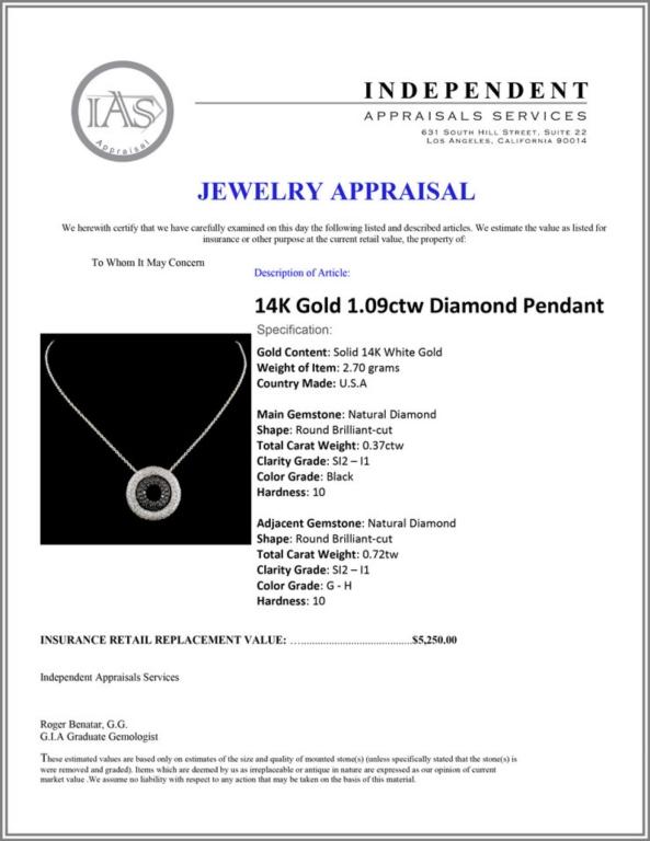 14K Gold 1.09ctw Diamond Pendant