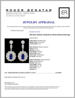 18K Gold 15.63ctw Tanzanite & 5.43ctw Diamond Earr