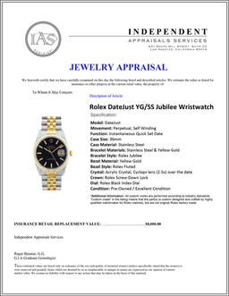 Rolex DateJust YG/SS Jubilee Wristwatch