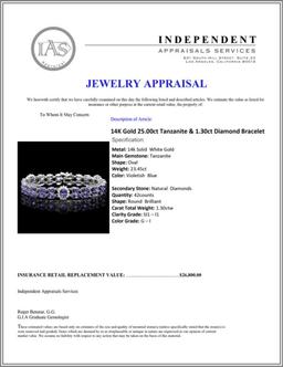 14K Gold 25.00ct Tanzanite & 1.30ct Diamond Brace