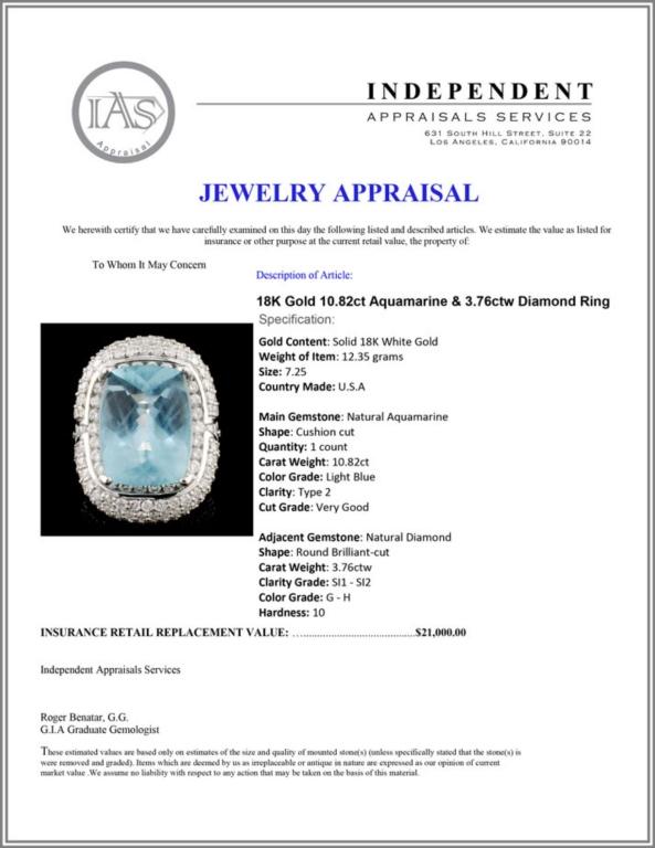 18K Gold 10.82ct Aquamarine & 3.76ctw Diamond Ring
