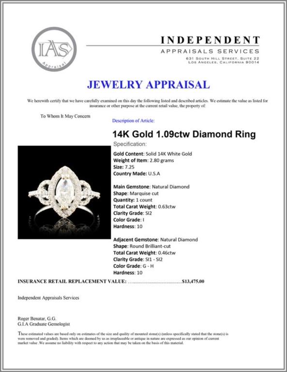 14K Gold 1.09ctw Diamond Ring